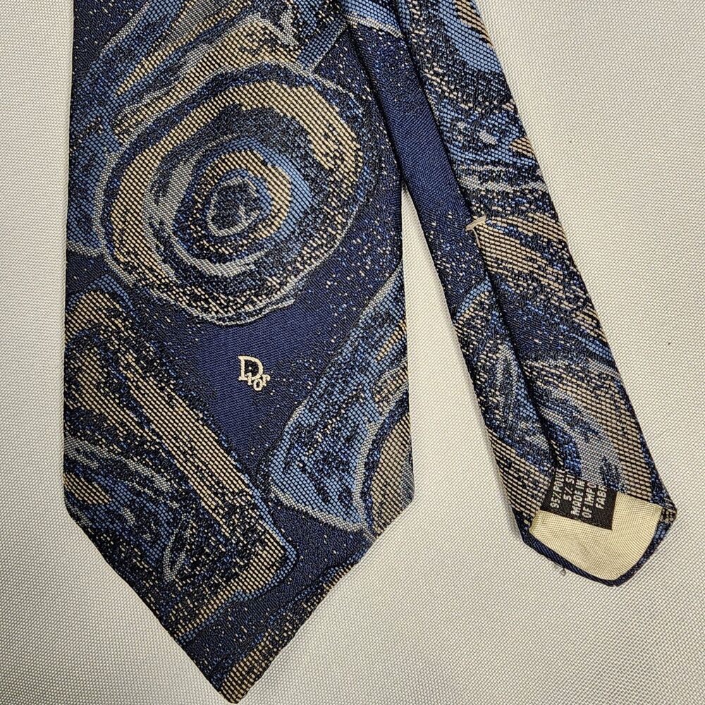 Vintage Christian Dior Monsieur Blue Abstract Floral Gold Silk Jacquard Necktie